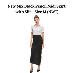 New Mix Black High-Waist Midi Pencil Skirt with Slit - NWT - Size M